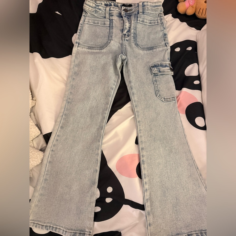 Light Wash Wide-Leg Cargo Jeans - girls